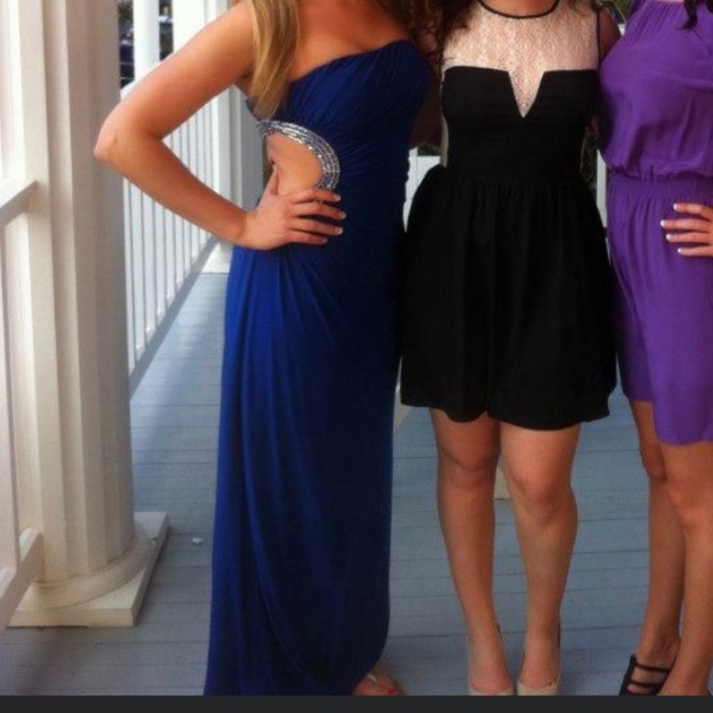 Blue jersey knit formal dress